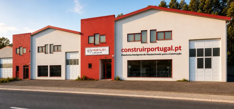 Fachada das instalações da Hidralba II, com a identificação Construir Portugal