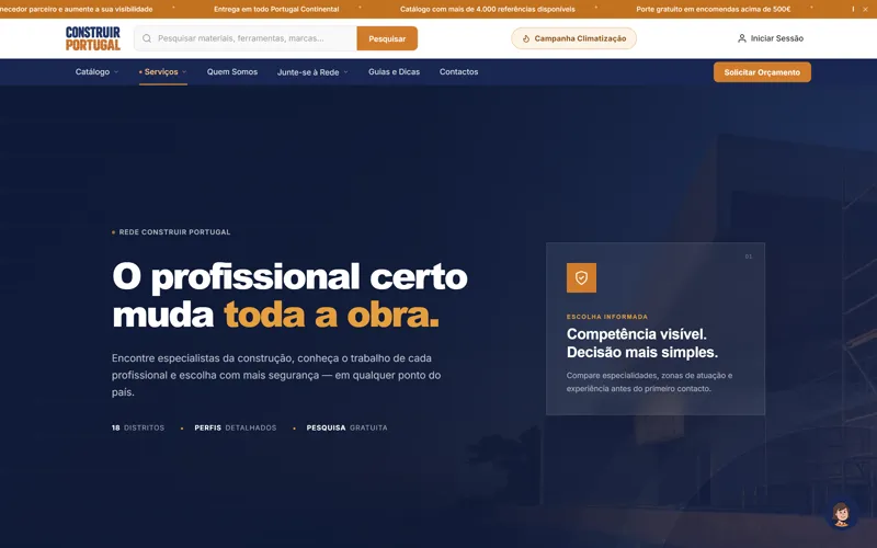 Página de profissionais da construção